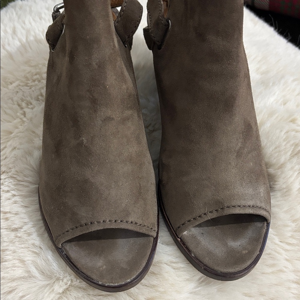 Frye Dani Shield Suede Wood Brown Open Toe Bootie Heel Sling Sandal Size 8 - Picture 7 of 12